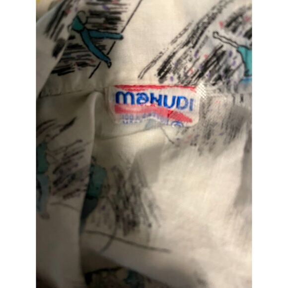 Vntg Mahudi Miami White w/Blue Music Performer Print Button Up Hi-Lo Shirt M/L* - Picture 2 of 3